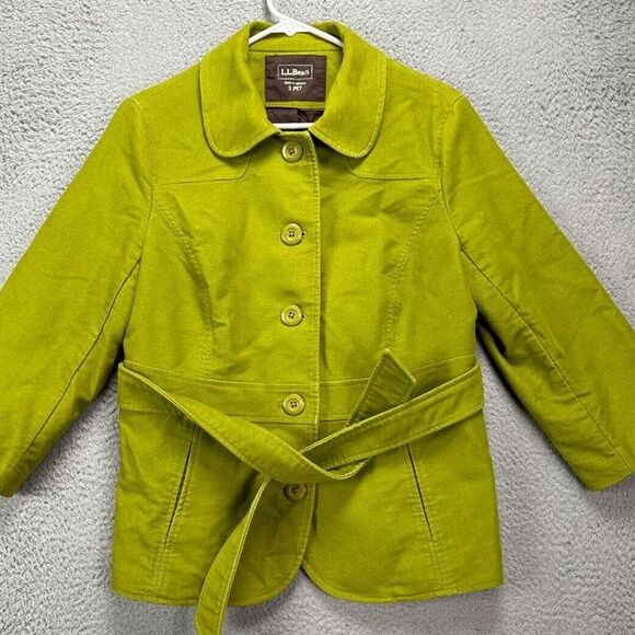 L.L. Bean Jacket Women Small Petite Green Button Front Belted Coat Pocket Ladies